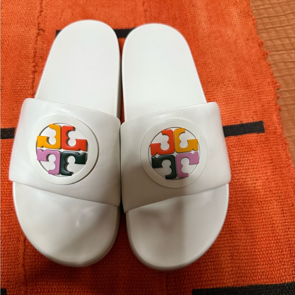 Tory Burch White Slide Sandals with Multicolor Logo